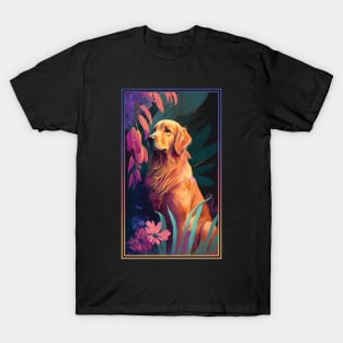 Golden Retriever Dog Vibrant Tropical Flower Tall Digital Oil Painting Portrait 2 T-Shirt